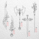 A tattoo artist shows off various potential sword pieces for tattoos.